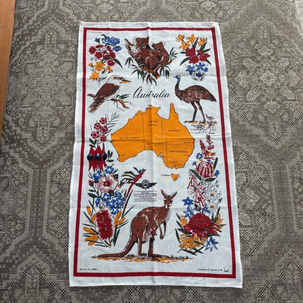 Vintage Australia‎ Map Tea Towel Royal Flying Doctor Service Heil Linen 18 x 32"
